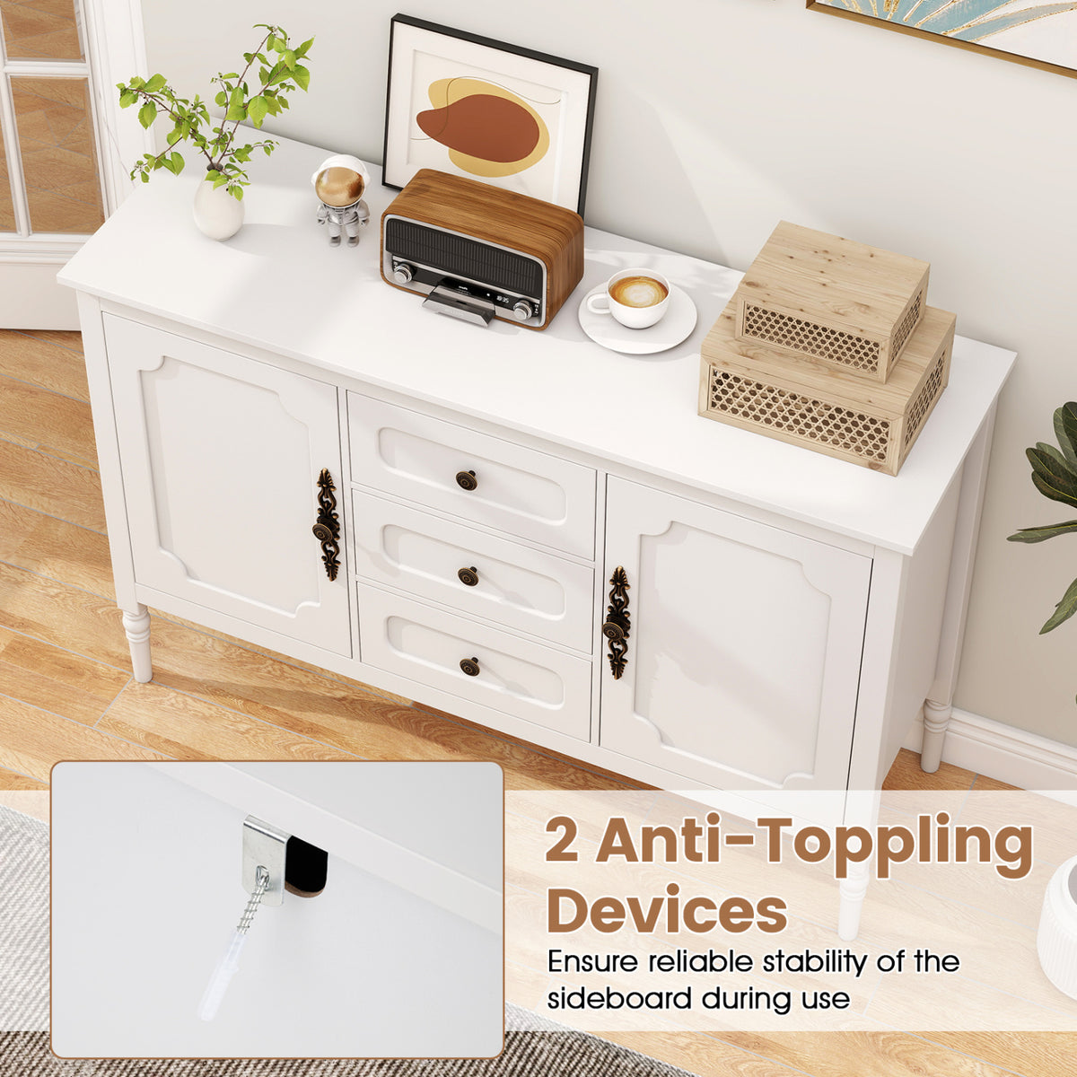 47" Vintage Buffet Cabinet with 3 Drawers 2 Cabinets and Adjustable Shelves for Dining Room-White