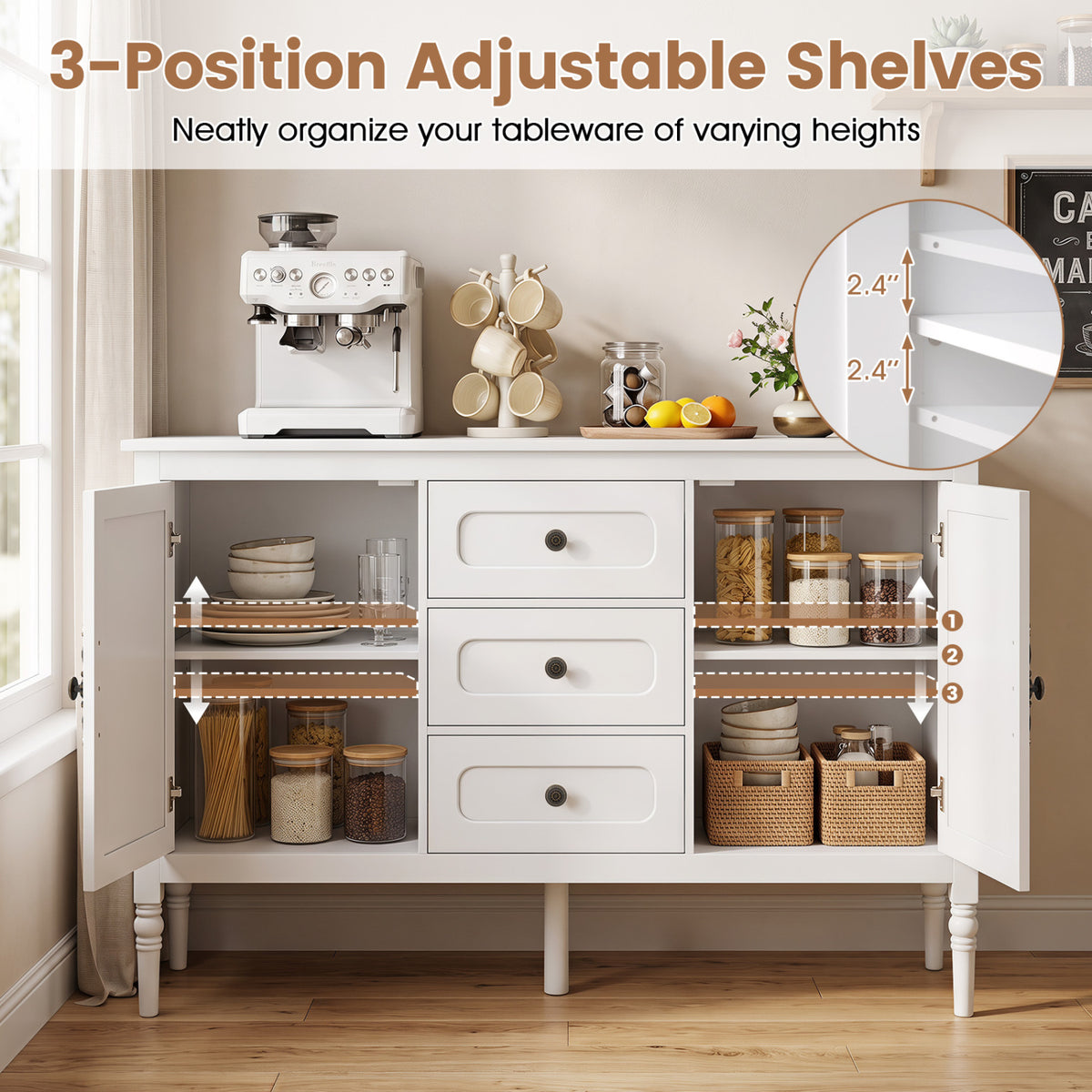 47" Vintage Buffet Cabinet with 3 Drawers 2 Cabinets and Adjustable Shelves for Dining Room-White