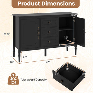 47" Vintage Buffet Cabinet with 3 Drawers 2 Cabinets and Adjustable Shelves for Dining Room-Black