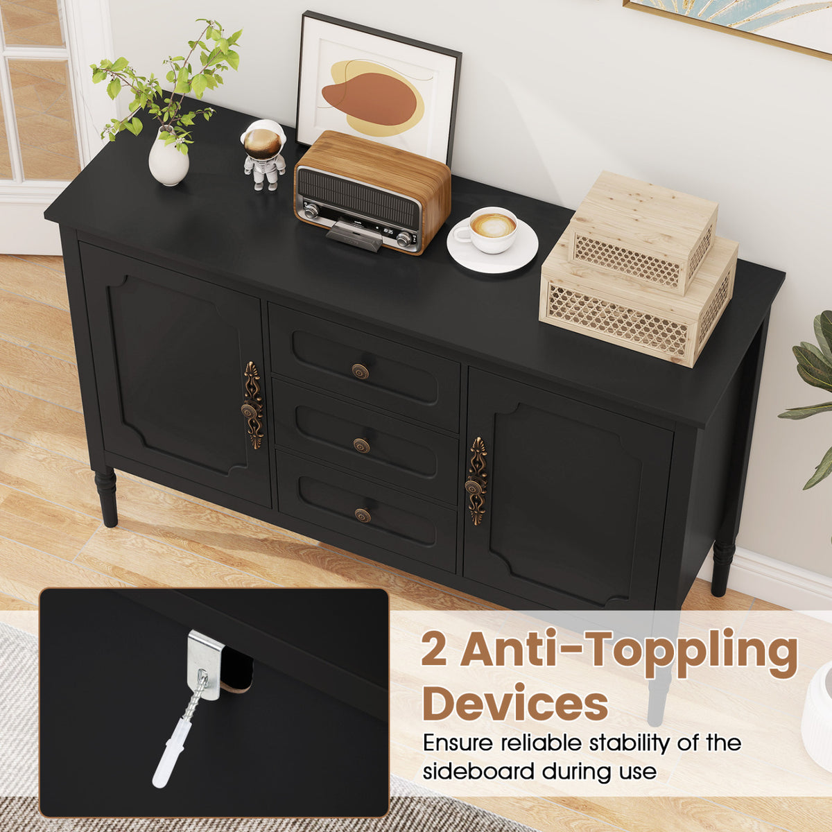 47" Vintage Buffet Cabinet with 3 Drawers 2 Cabinets and Adjustable Shelves for Dining Room-Black