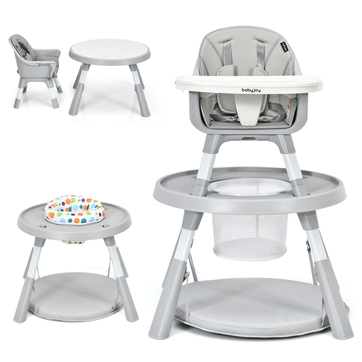 5-in-1 Baby Highchair with Height Adjustable and 2-Tier Tray Storage Busket-Gray