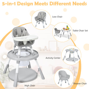 5-in-1 Baby Highchair with Height Adjustable and 2-Tier Tray Storage Busket-Gray