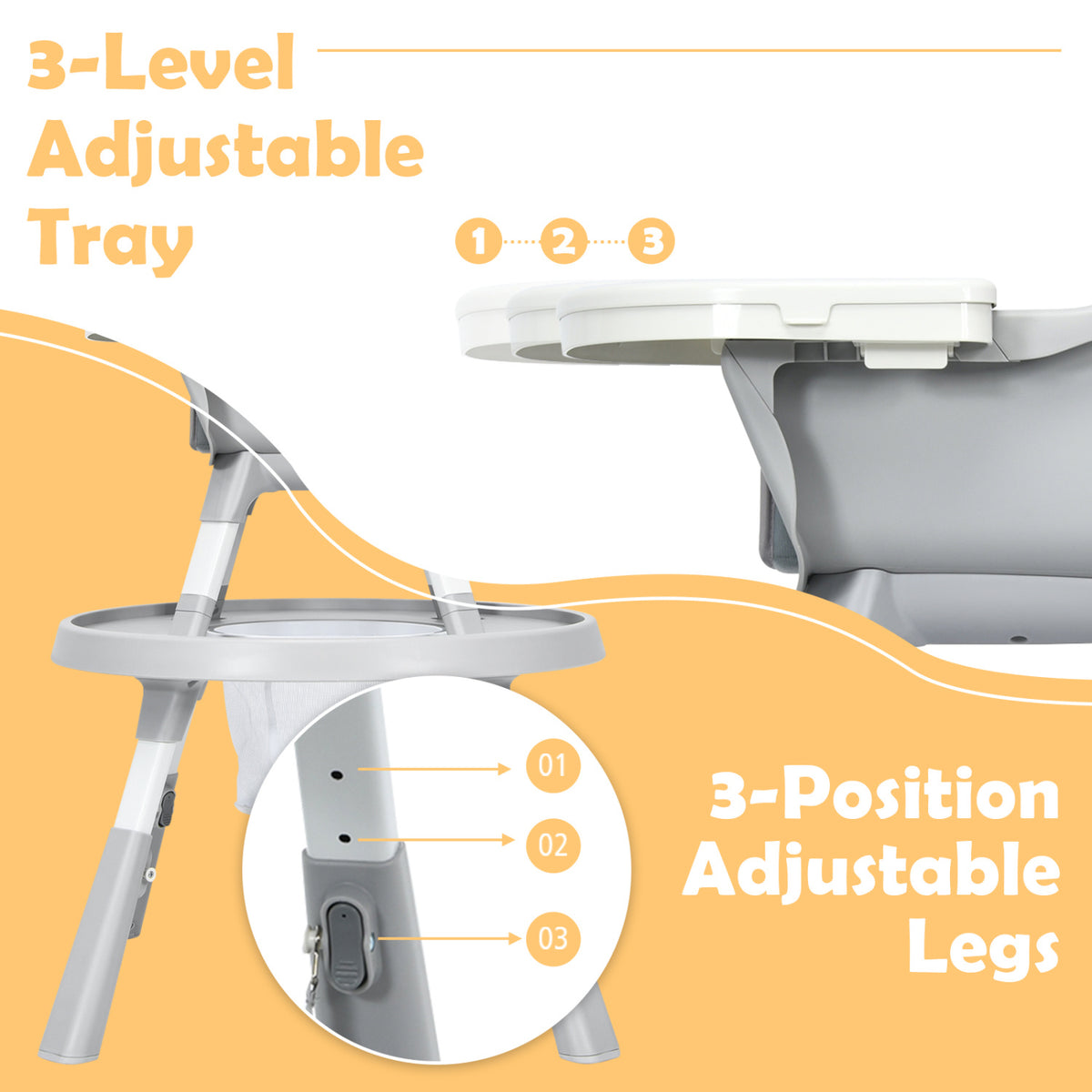 5-in-1 Baby Highchair with Height Adjustable and 2-Tier Tray Storage Busket-Gray