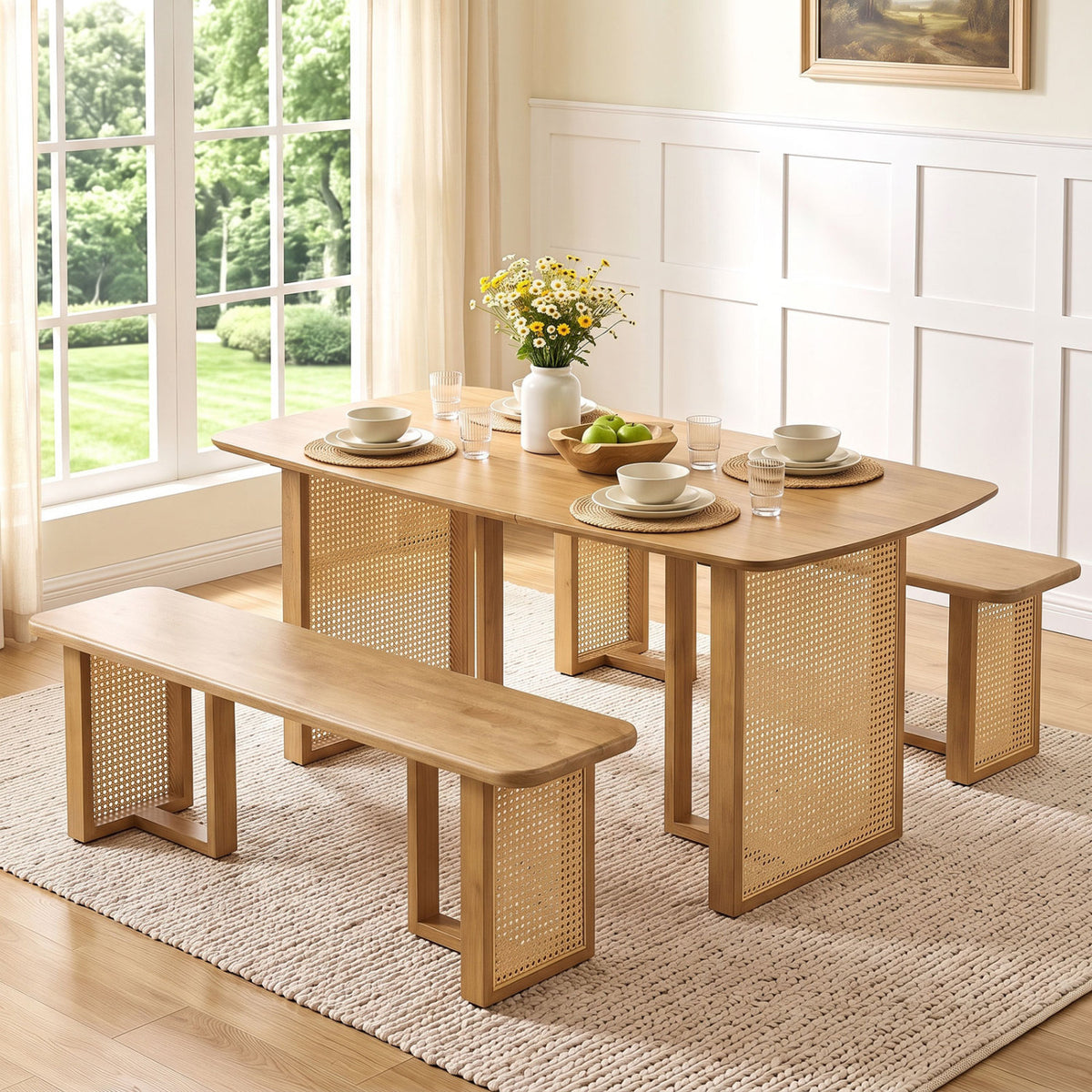55â€ Solid Rubber Wood Dining Table Set Boho Rectangular Dining Table with 2 Benches-Natural