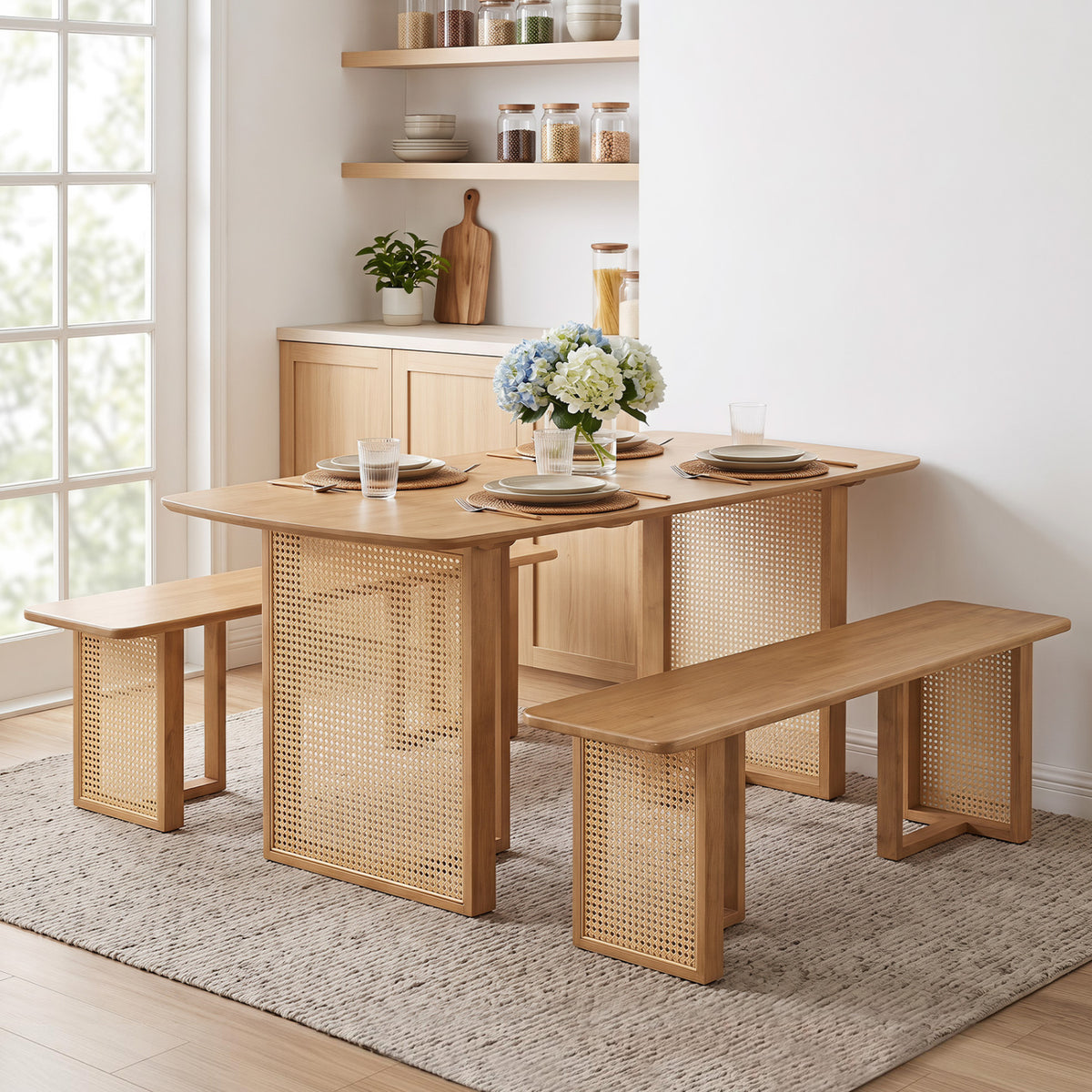 55â€ Solid Rubber Wood Dining Table Set Boho Rectangular Dining Table with 2 Benches-Natural