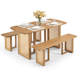 55â€ Solid Rubber Wood Dining Table Set Boho Rectangular Dining Table with 2 Benches-Natural