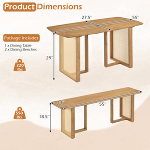 55â€ Solid Rubber Wood Dining Table Set Boho Rectangular Dining Table with 2 Benches-Natural