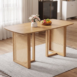 55â€ Solid Rubber Wood Dining Table Set Boho Rectangular Dining Table with 2 Benches-Natural