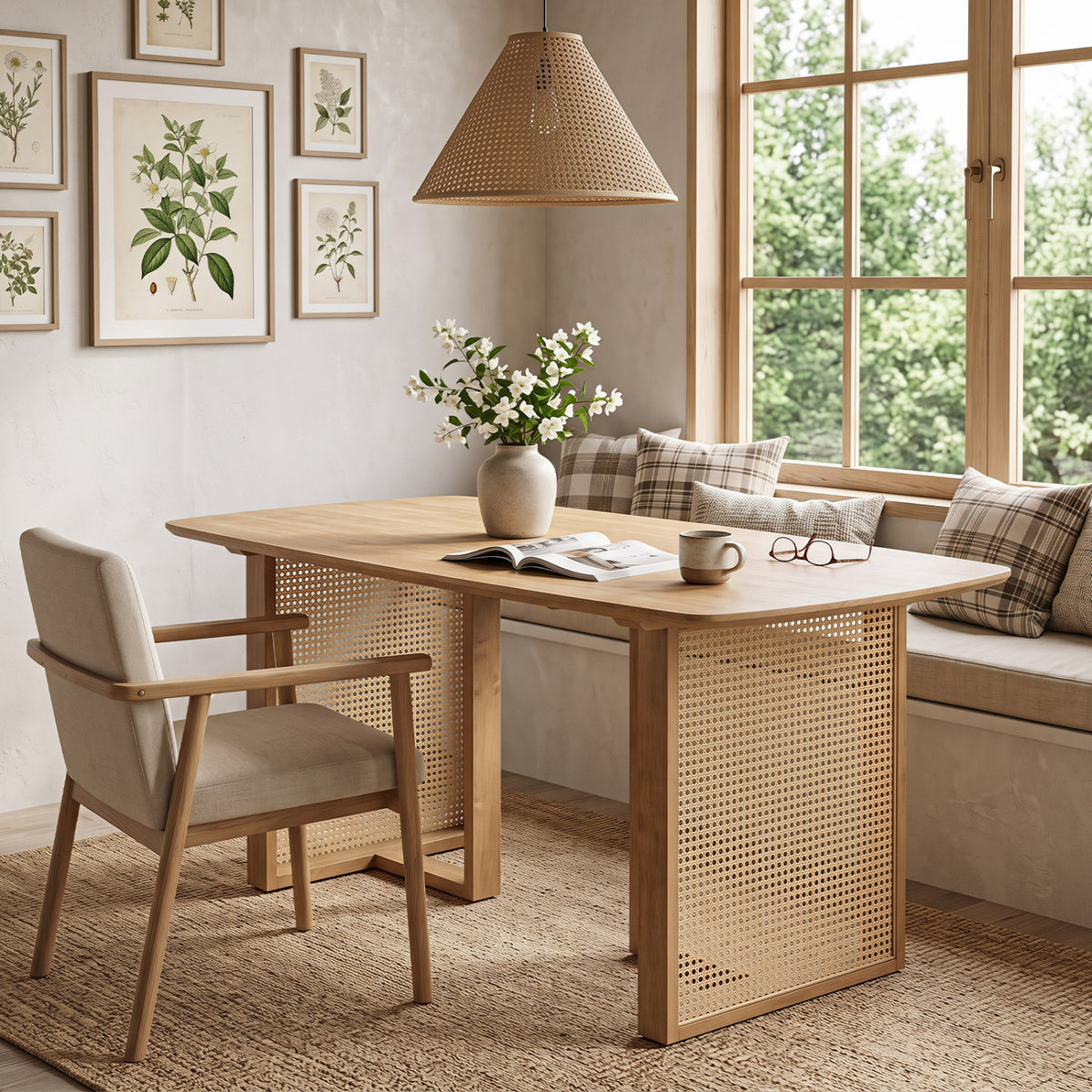 55â€ Solid Rubber Wood Dining Table Set Boho Rectangular Dining Table with 2 Benches-Natural