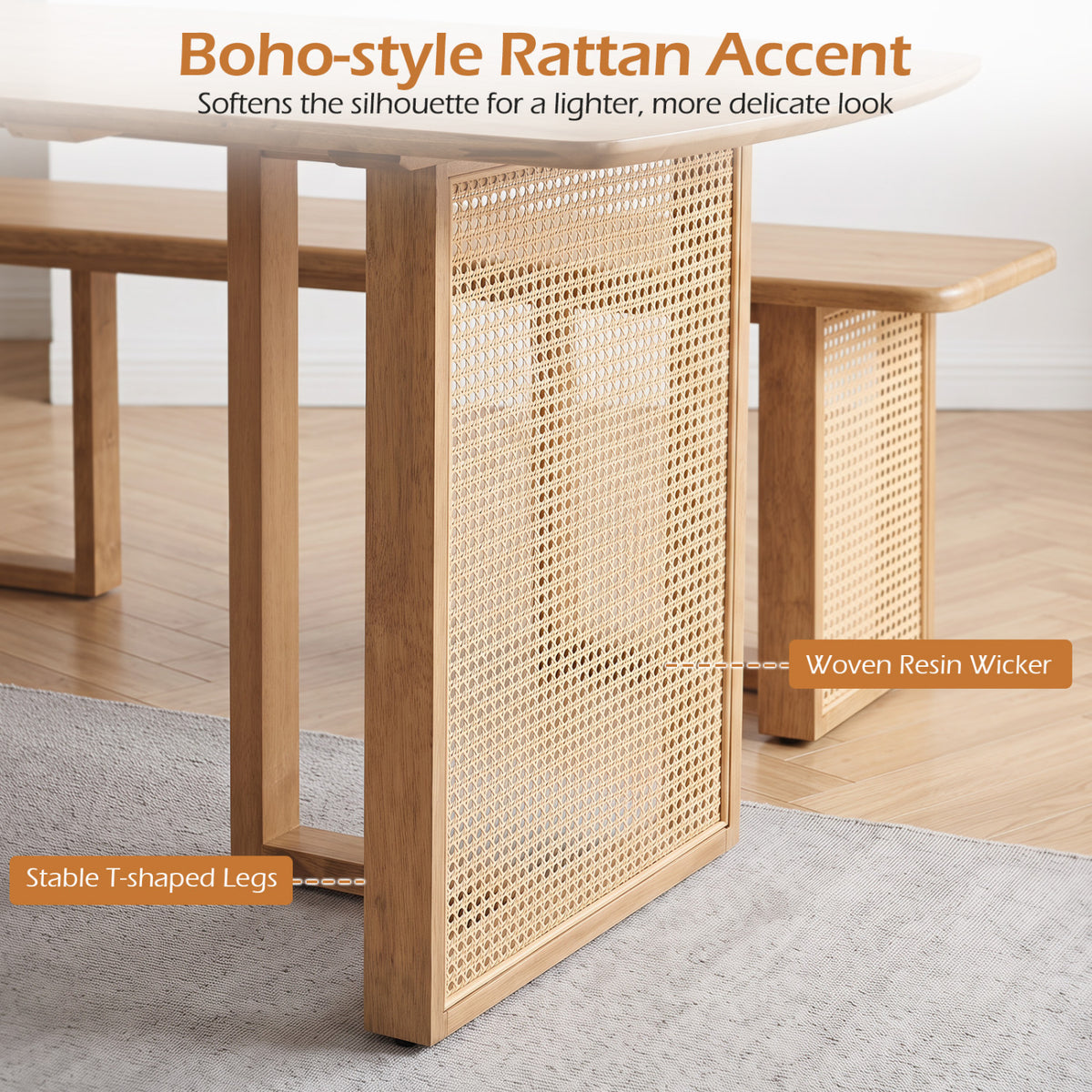 55â€ Solid Rubber Wood Dining Table Set Boho Rectangular Dining Table with 2 Benches-Natural