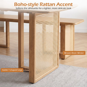 55â€ Solid Rubber Wood Dining Table Set Boho Rectangular Dining Table with 2 Benches-Natural