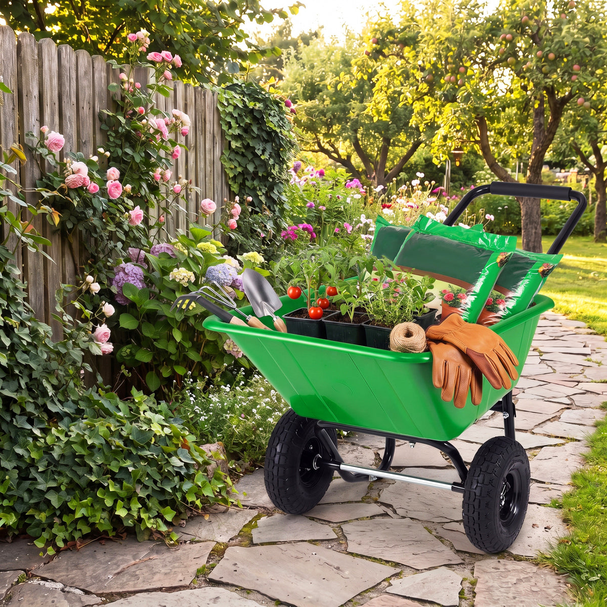 Dual-Wheel Wheelbarrow Garden Utility Cart with Pneumatic Tires-Light Green