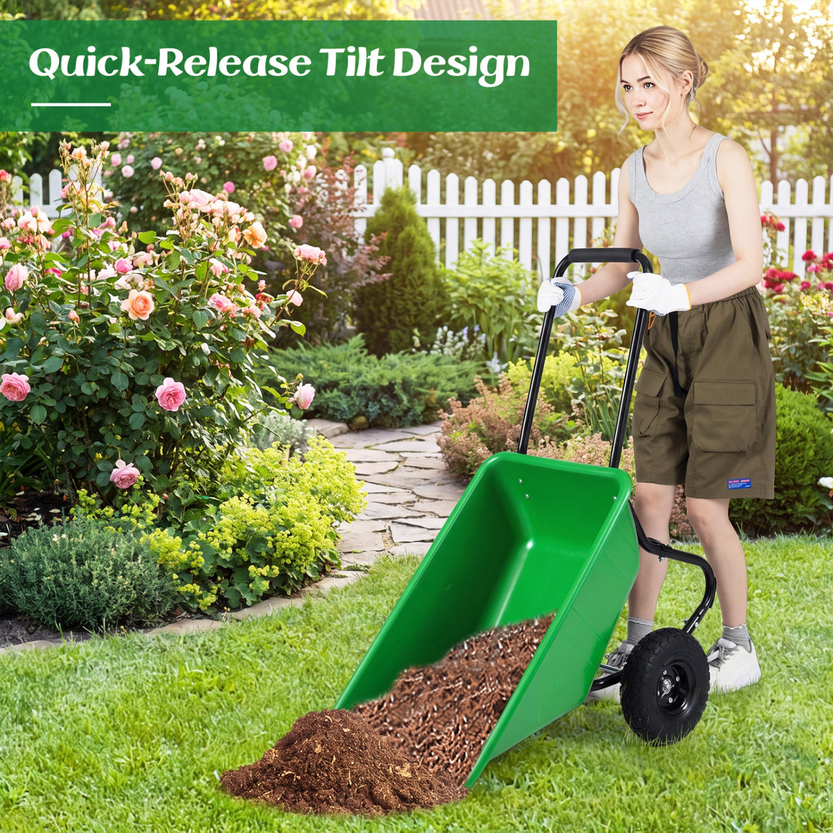 Dual-Wheel Wheelbarrow Garden Utility Cart with Pneumatic Tires-Light Green