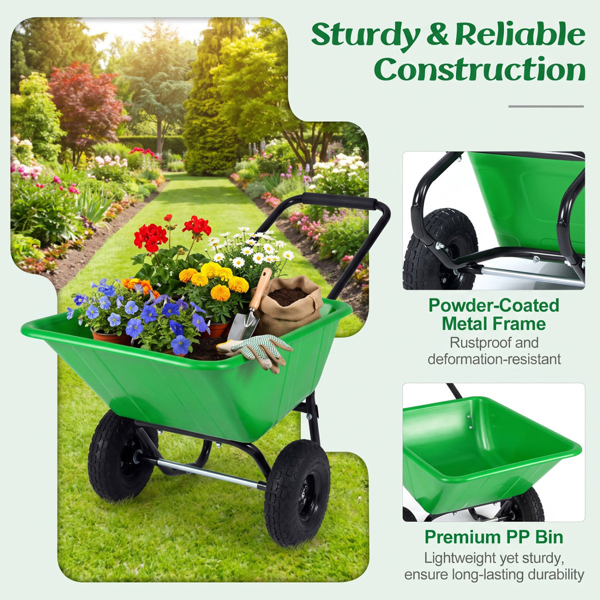 Dual-Wheel Wheelbarrow Garden Utility Cart with Pneumatic Tires-Light Green
