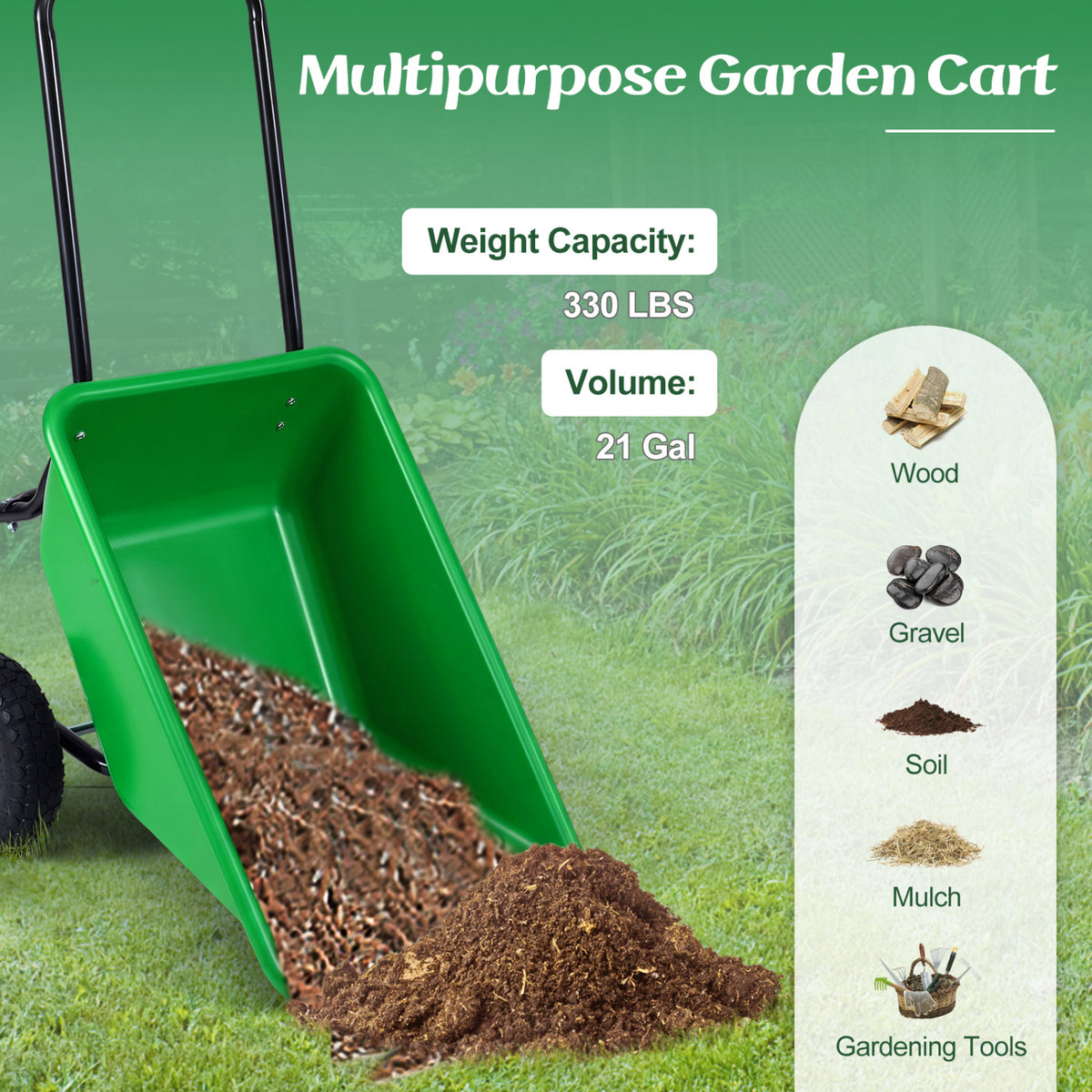 Dual-Wheel Wheelbarrow Garden Utility Cart with Pneumatic Tires-Light Green