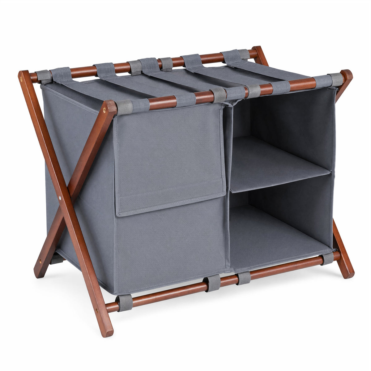 27" Bamboo Luggage Rack with 5 Nylon Straps and Compartments for Guest Room Hotel-Walnut & Grey