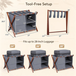 27" Bamboo Luggage Rack with 5 Nylon Straps and Compartments for Guest Room Hotel-Walnut & Grey