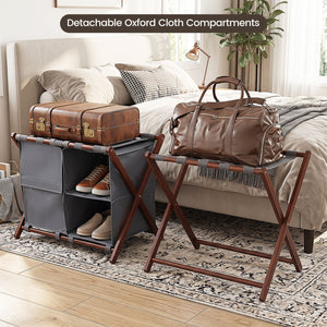 27" Bamboo Luggage Rack with 5 Nylon Straps and Compartments for Guest Room Hotel-Walnut & Grey