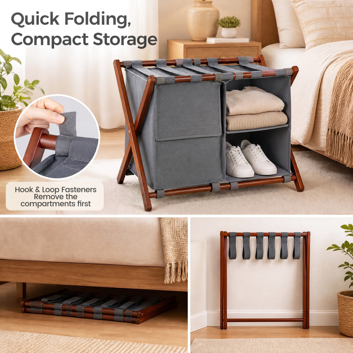 27" Bamboo Luggage Rack with 5 Nylon Straps and Compartments for Guest Room Hotel-Walnut & Grey