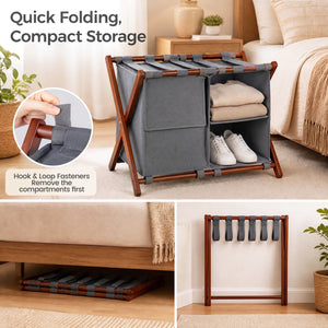 27" Bamboo Luggage Rack with 5 Nylon Straps and Compartments for Guest Room Hotel-Walnut & Grey