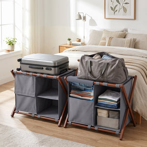 27" Bamboo Luggage Rack Set of 2 with 5 Nylon Straps and Compartments for Hotel-Walnut & Gray
