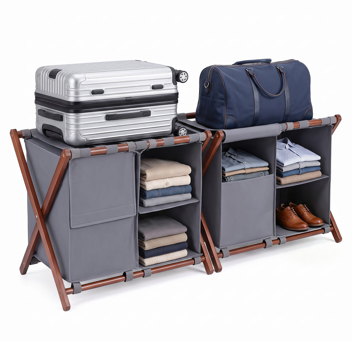 27" Bamboo Luggage Rack Set of 2 with 5 Nylon Straps and Compartments for Hotel-Walnut & Gray