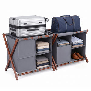 27" Bamboo Luggage Rack Set of 2 with 5 Nylon Straps and Compartments for Hotel-Walnut & Gray