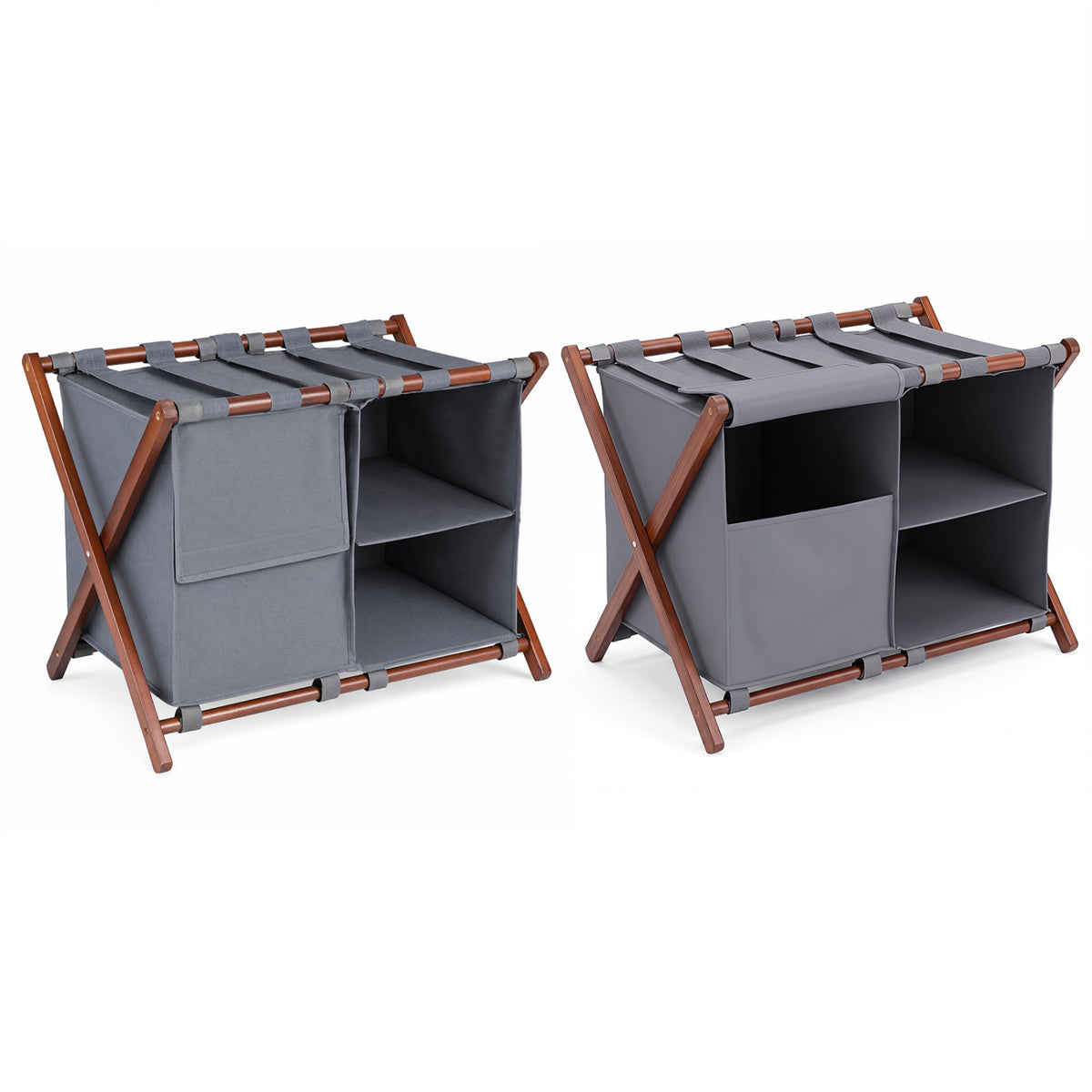 27" Bamboo Luggage Rack Set of 2 with 5 Nylon Straps and Compartments for Hotel-Walnut & Gray