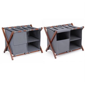 27" Bamboo Luggage Rack Set of 2 with 5 Nylon Straps and Compartments for Hotel-Walnut & Gray
