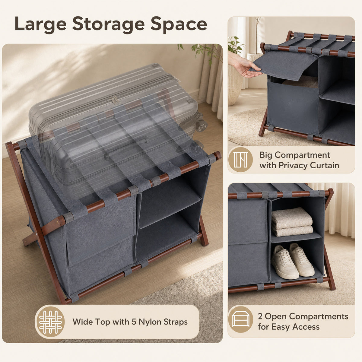 27" Bamboo Luggage Rack Set of 2 with 5 Nylon Straps and Compartments for Hotel-Walnut & Gray