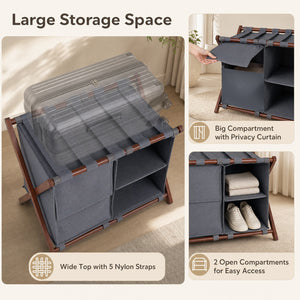 27" Bamboo Luggage Rack Set of 2 with 5 Nylon Straps and Compartments for Hotel-Walnut & Gray