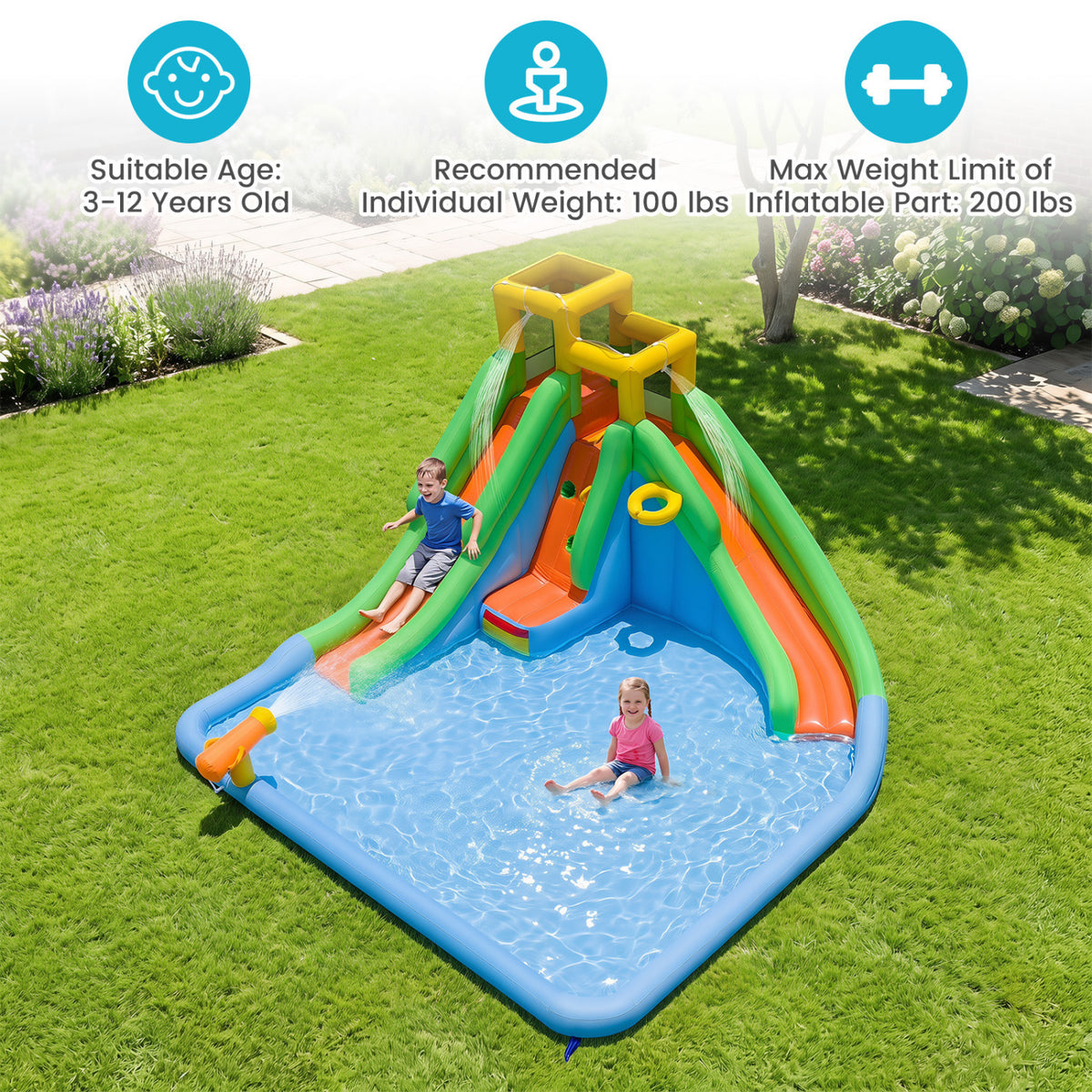 Inflatable Water Slide for Kids with Double Slides and 680W Blower