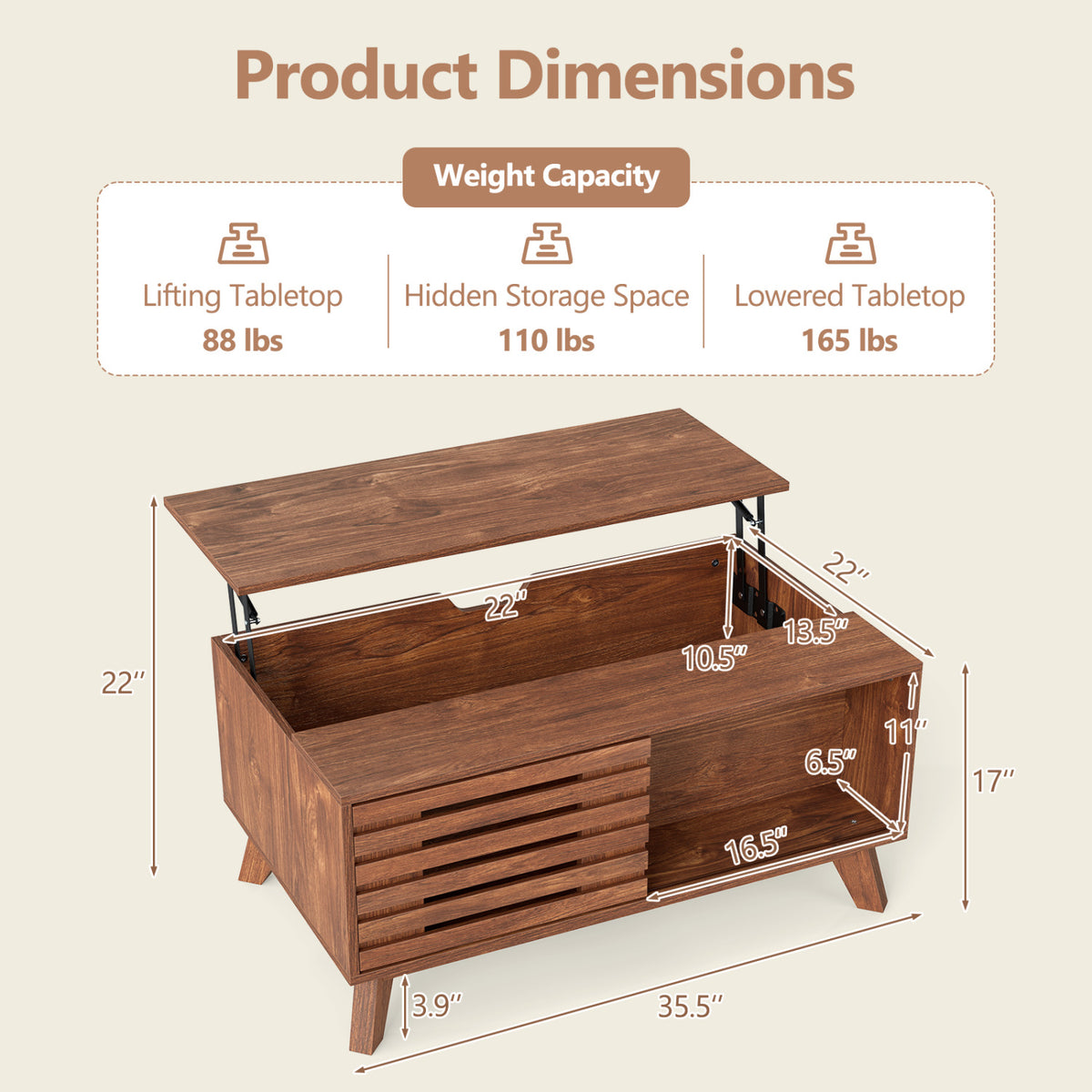 35.5" Lift Top Coffee Table with Hidden Compartment and Sliding Door for Living Room-Brown