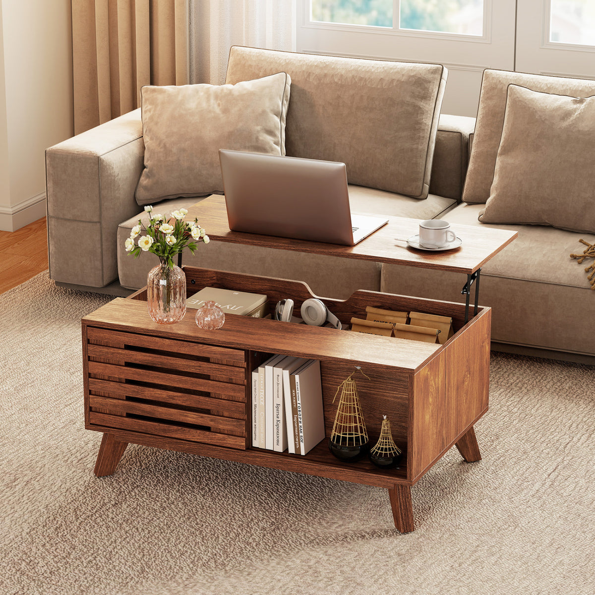 35.5" Lift Top Coffee Table with Hidden Compartment and Sliding Door for Living Room-Brown