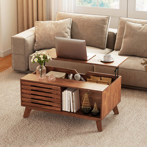 35.5" Lift Top Coffee Table with Hidden Compartment and Sliding Door for Living Room-Brown
