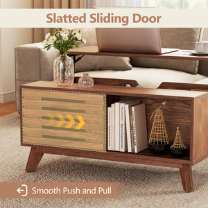 35.5" Lift Top Coffee Table with Hidden Compartment and Sliding Door for Living Room-Brown