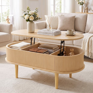 43.5" Oval Lift Top Coffee Table with Storage and Fluted Design for Living Room-Natural