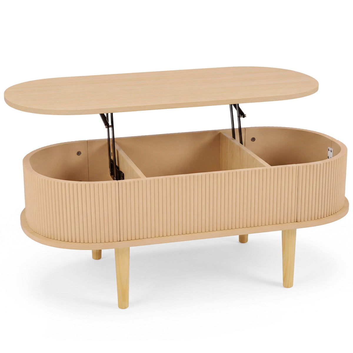 43.5" Oval Lift Top Coffee Table with Storage and Fluted Design for Living Room-Natural