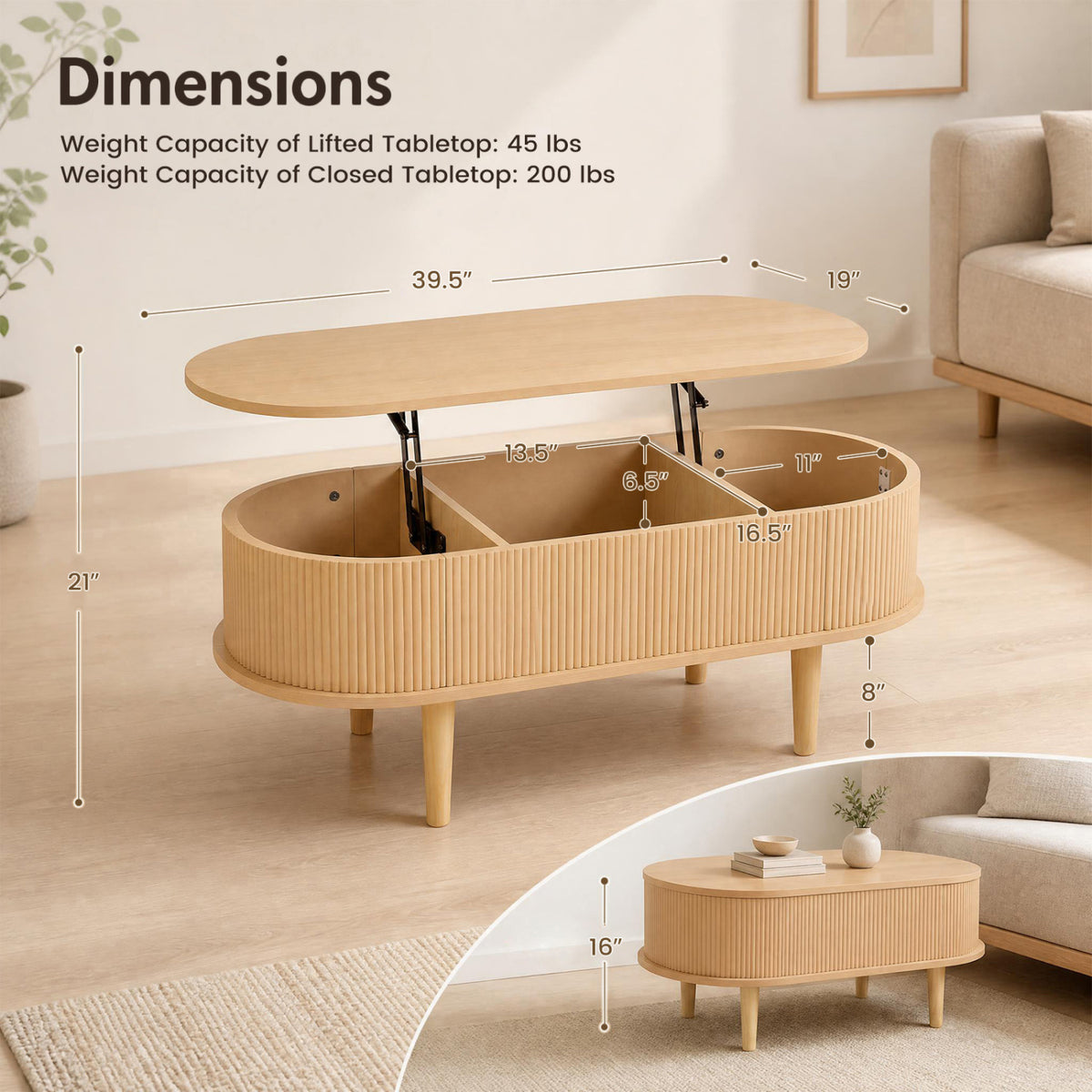 43.5" Oval Lift Top Coffee Table with Storage and Fluted Design for Living Room-Natural