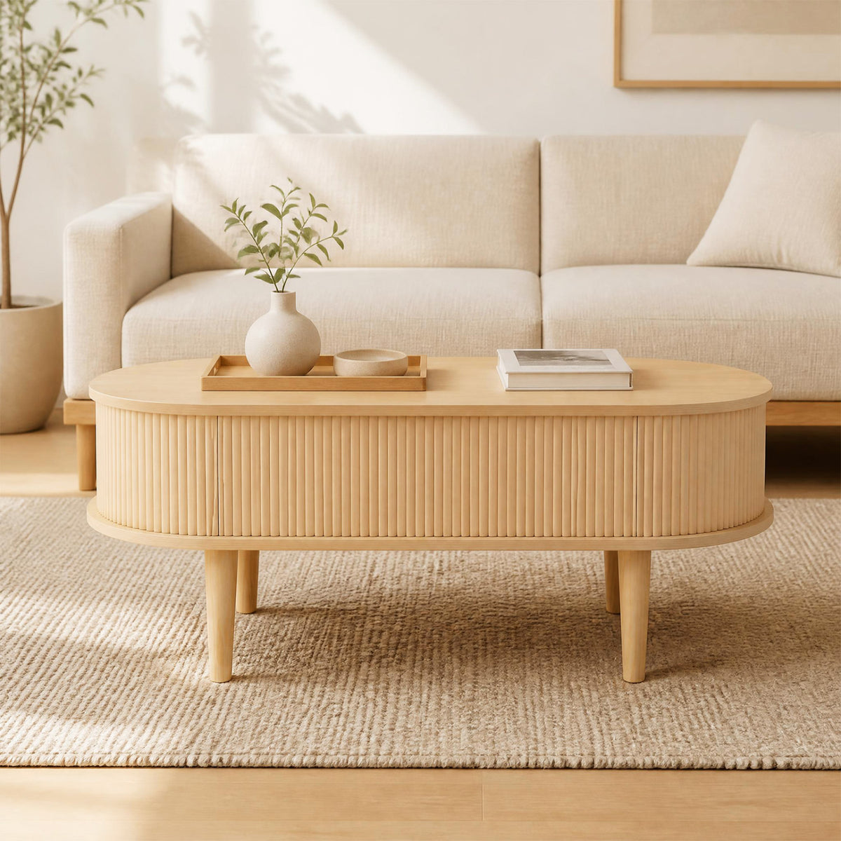 43.5" Oval Lift Top Coffee Table with Storage and Fluted Design for Living Room-Natural