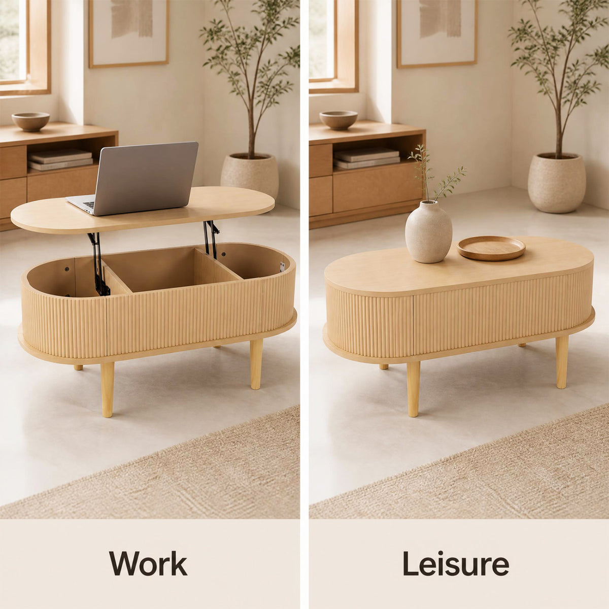 43.5" Oval Lift Top Coffee Table with Storage and Fluted Design for Living Room-Natural