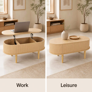 43.5" Oval Lift Top Coffee Table with Storage and Fluted Design for Living Room-Natural