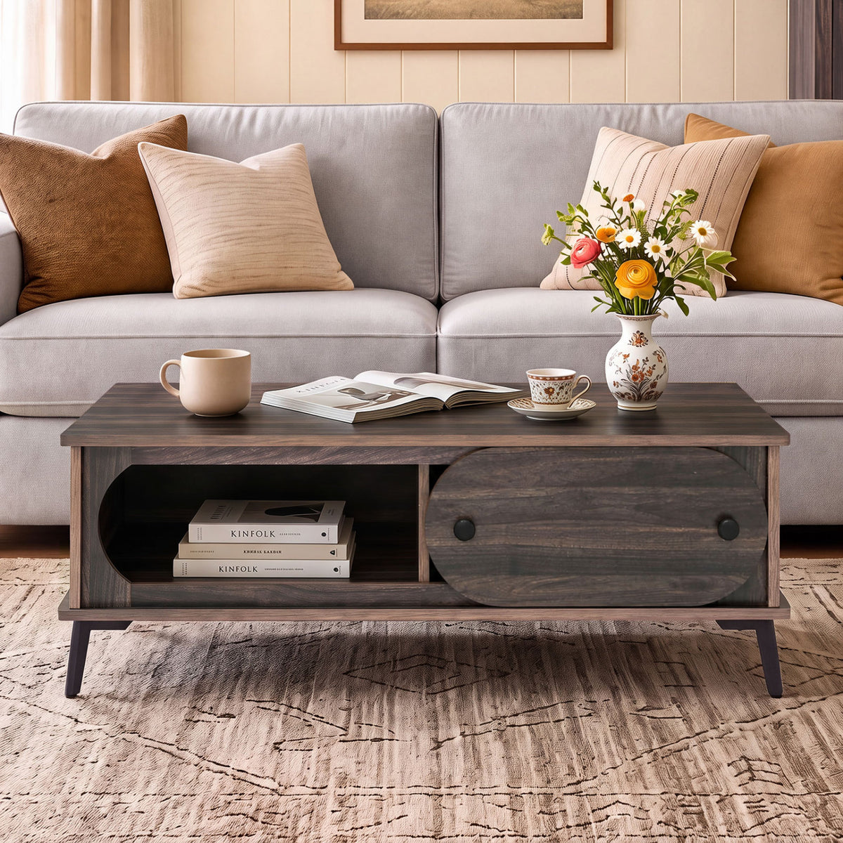 Modern Wooden Center Table with 2 Compartments and Sturdy Metal Legs for Living Room-Walnut