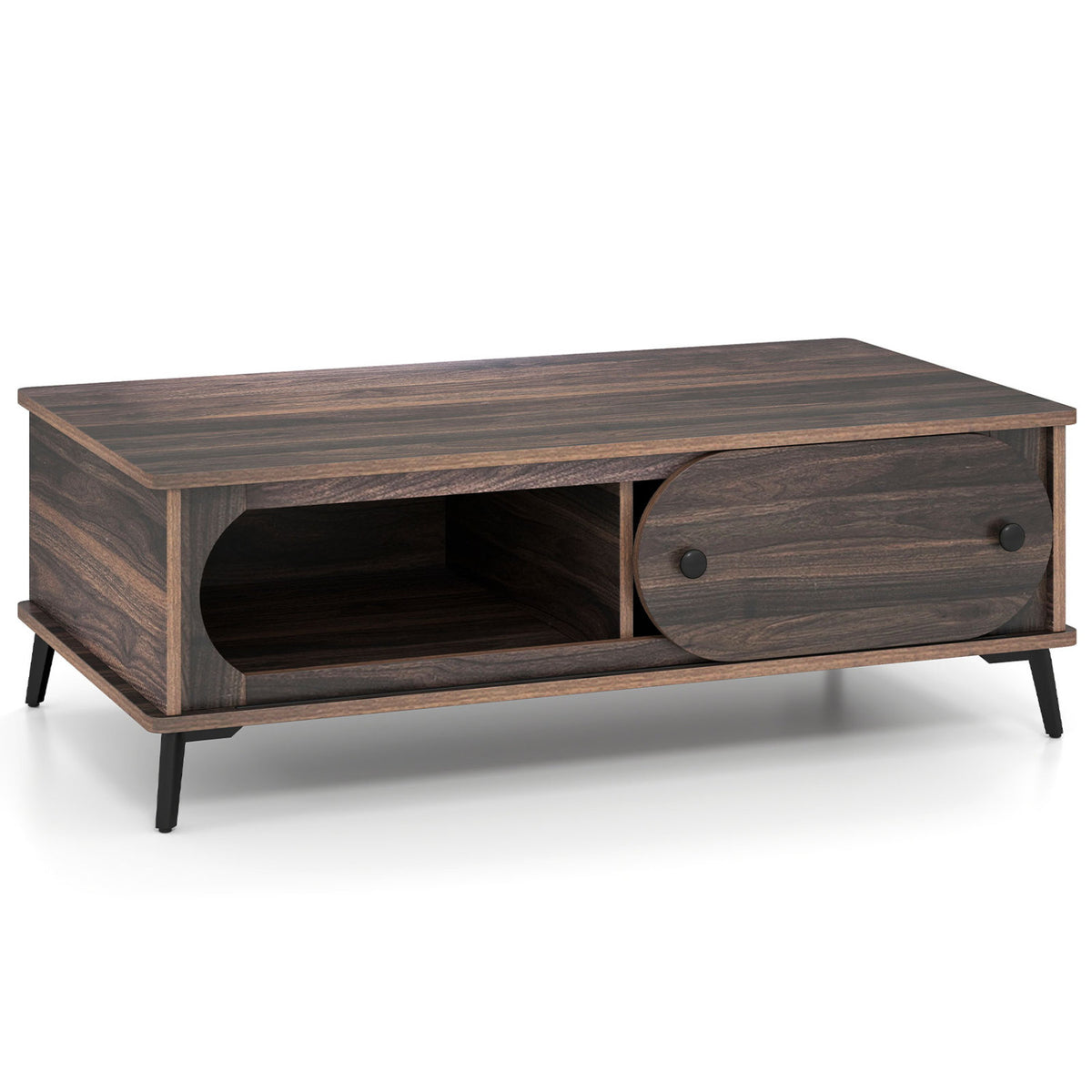 Modern Wooden Center Table with 2 Compartments and Sturdy Metal Legs for Living Room-Walnut