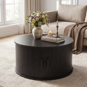 31.5" Round Coffee Table with Storage and Sliding Tambour Door for Living Room-Black