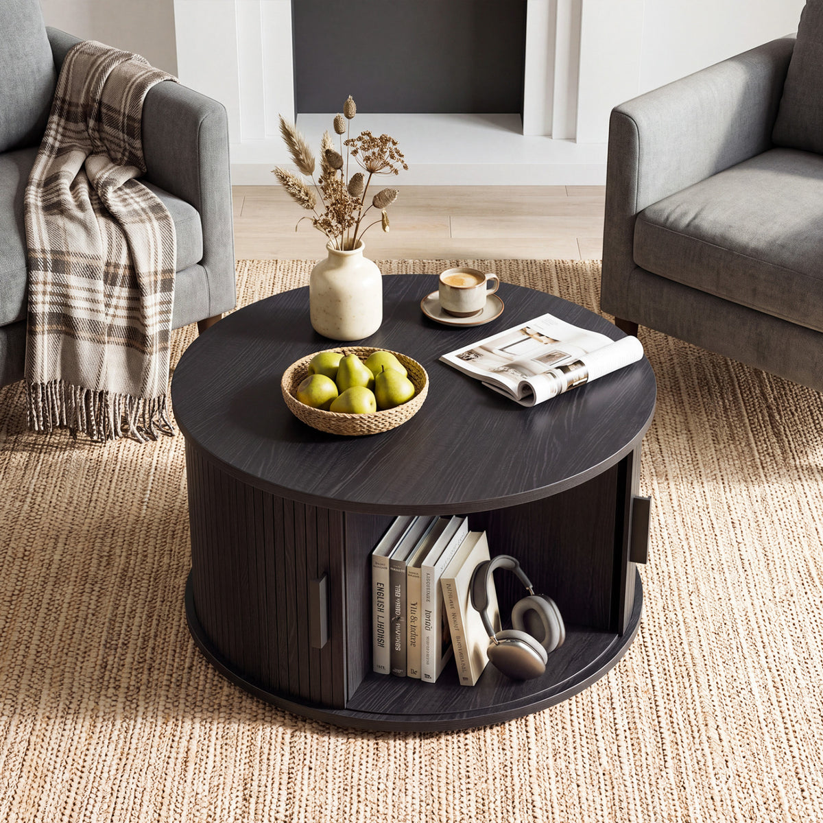 31.5" Round Coffee Table with Storage and Sliding Tambour Door for Living Room-Black