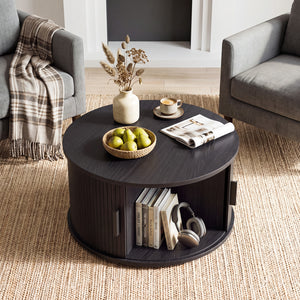31.5" Round Coffee Table with Storage and Sliding Tambour Door for Living Room-Black