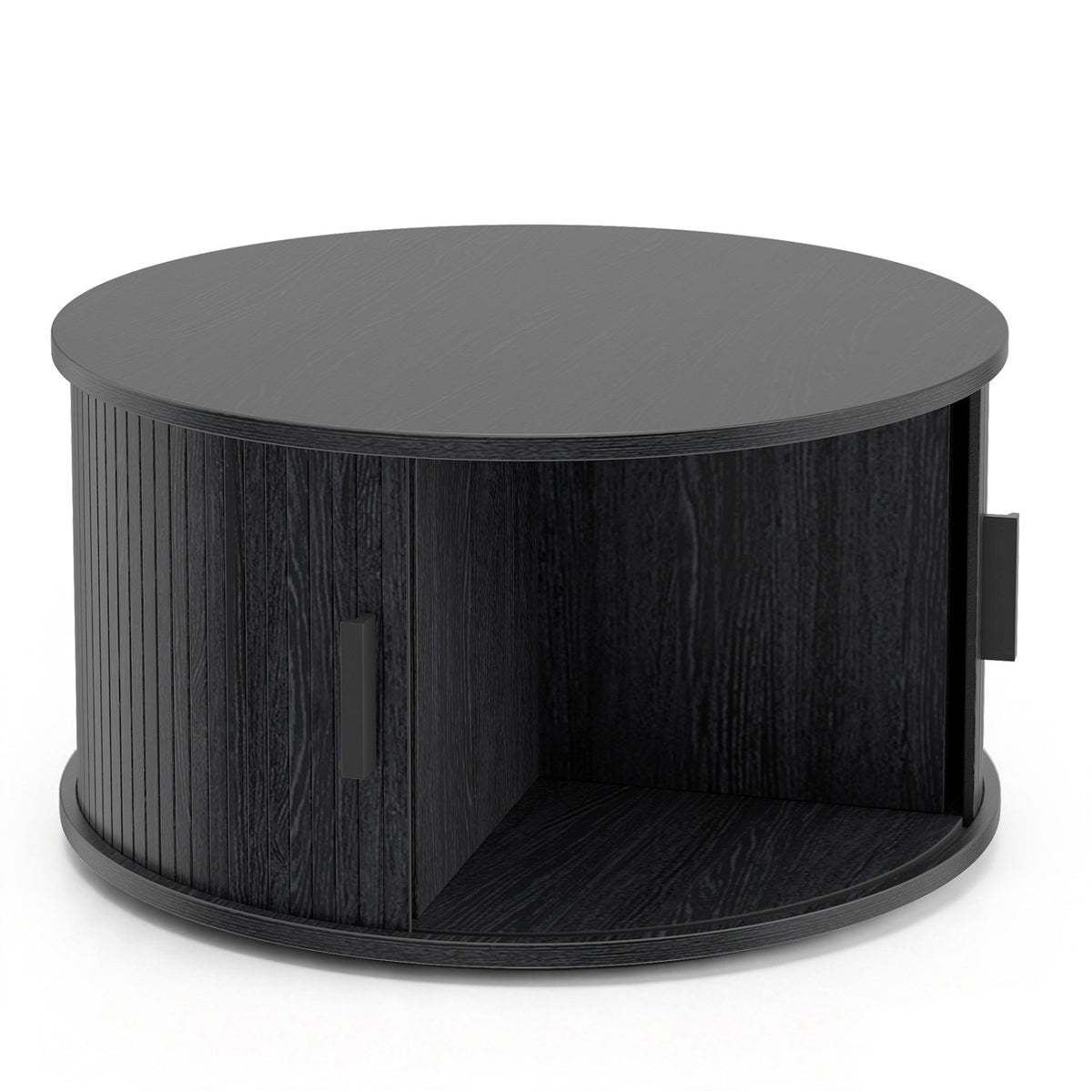 31.5" Round Coffee Table with Storage and Sliding Tambour Door for Living Room-Black