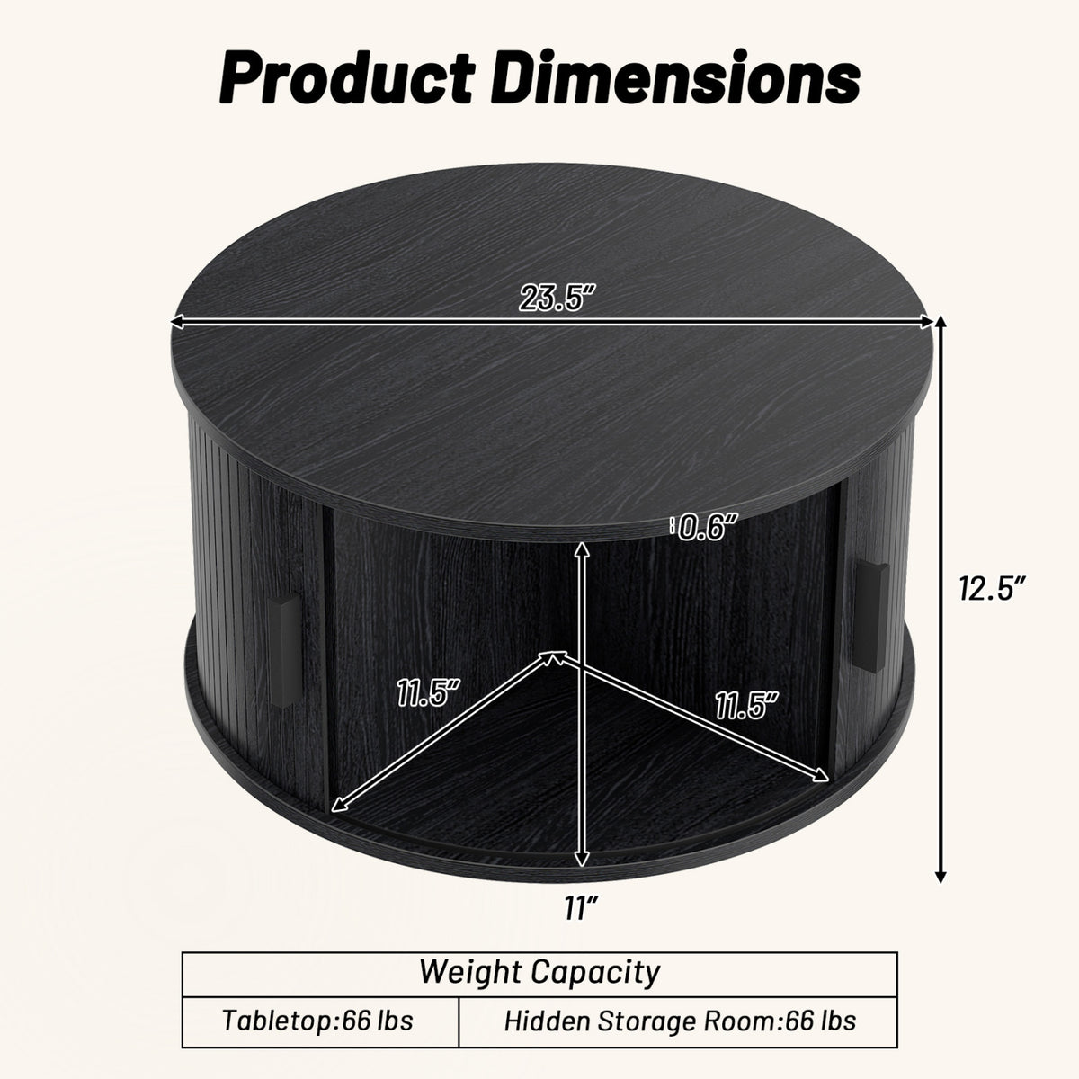 31.5" Round Coffee Table with Storage and Sliding Tambour Door for Living Room-Black