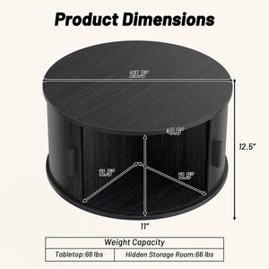 31.5" Round Coffee Table with Storage and Sliding Tambour Door for Living Room-Black